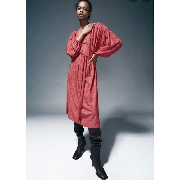 Zara Jacquard V-Neck Midi Dress M NWT - Picture 2 of 10